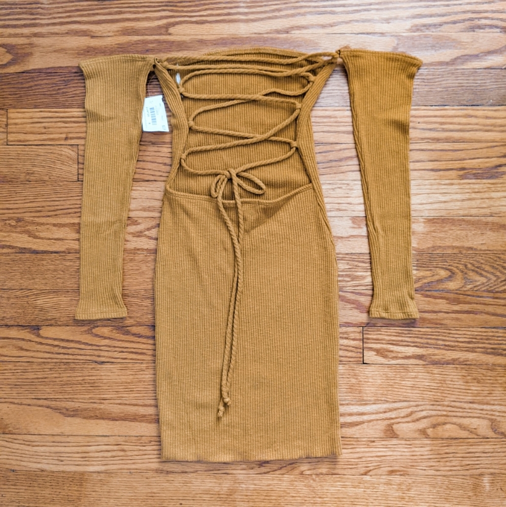 Mustard Off the Shoulder Lace Tie Up Open Back Bodycon Dress MystiqueBoutiqueNYC